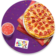 A stack of pizzas, fruit punch in a cup and an All You Can Play card