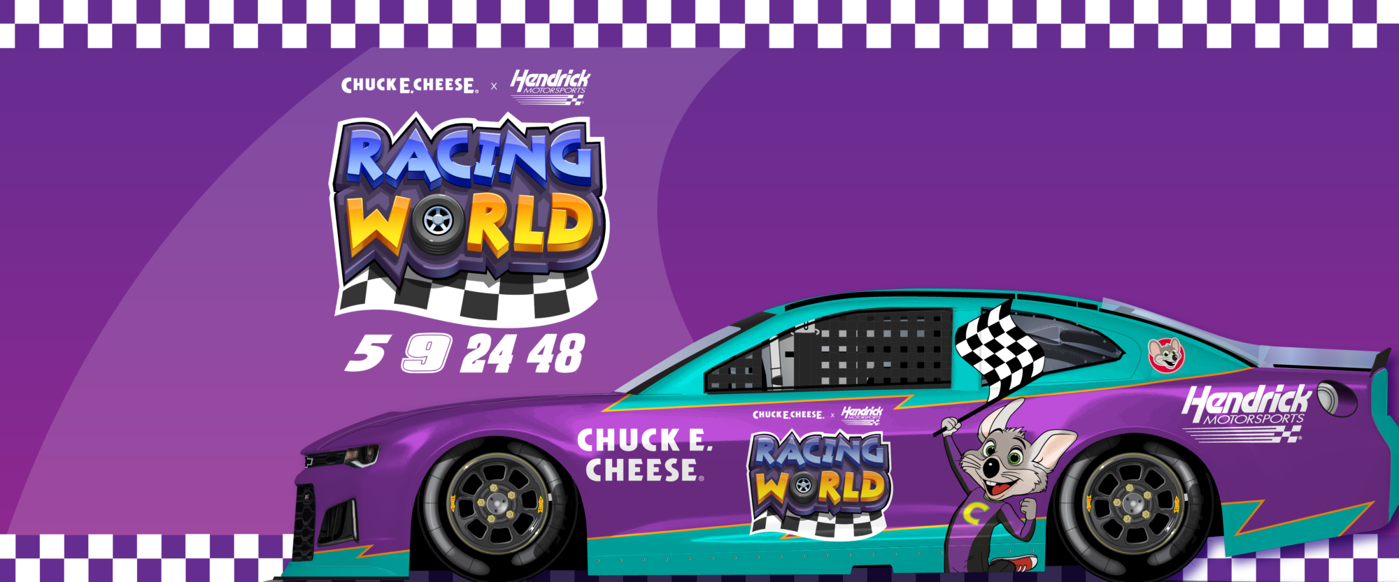 Racing World con auto de carreras violeta y azul con Chuck E. Cheese