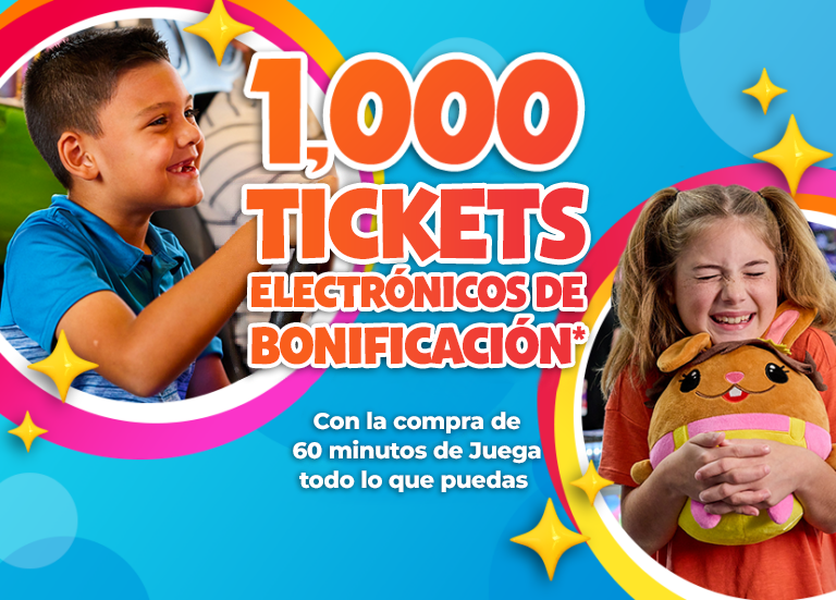 One circle of boy playing a driving game and one circle of a girl hugging a stuffed animal. Text reads 1,000 bonus e-tickets with 60-minute all you can play purchase. 