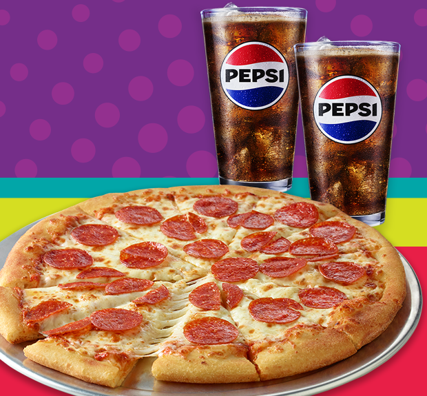 2 vasos de Pepsi y una pizza de pepperoni grande